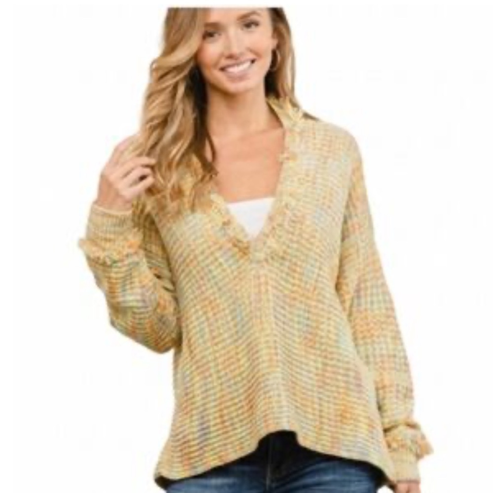 Ces Femme Pastel V-Neck  Sweater Psychedelic Pastel with Fringe‎ Details Medium